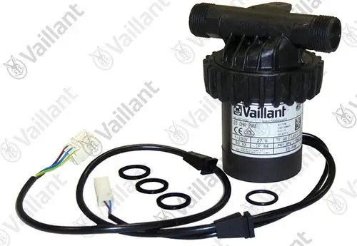 Vaillant Pumpe mit zwei Ausgängen, elektrischer Anschluss und mehreren O-Ringen. Geeignet für verschiedene Haustechnik-Anwendungen.